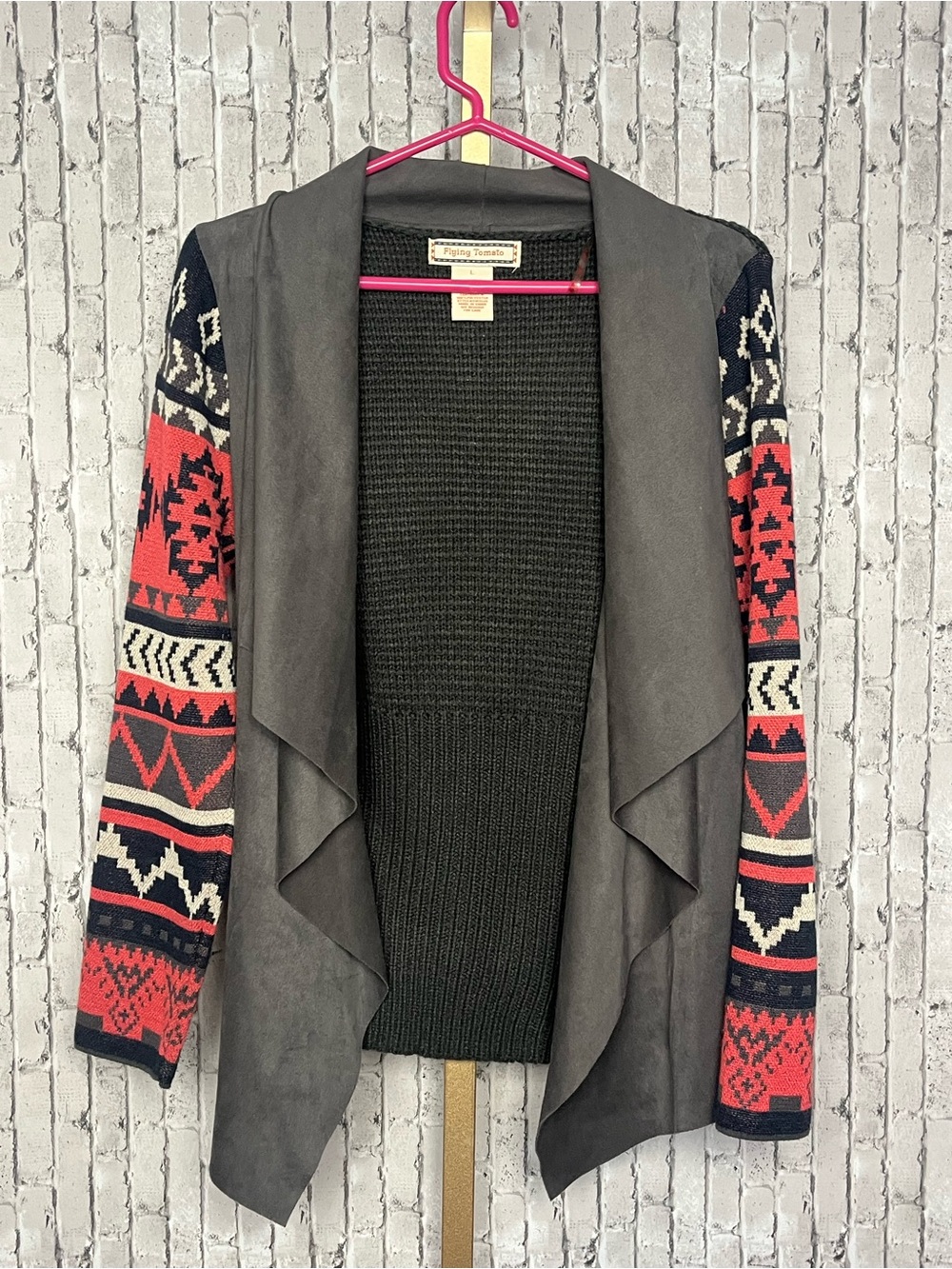 Flying Tomato Boho Tribal Pattern Mixed Media Open Front Cardigan Size Large